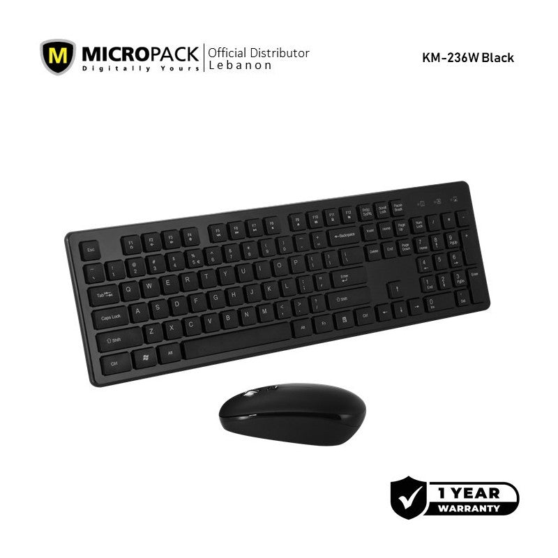 Micropack KM-236W Elegant Wireless Combo Keyboard & Mouse, Ultra Slim, Durable Structure & Stable Performance Black