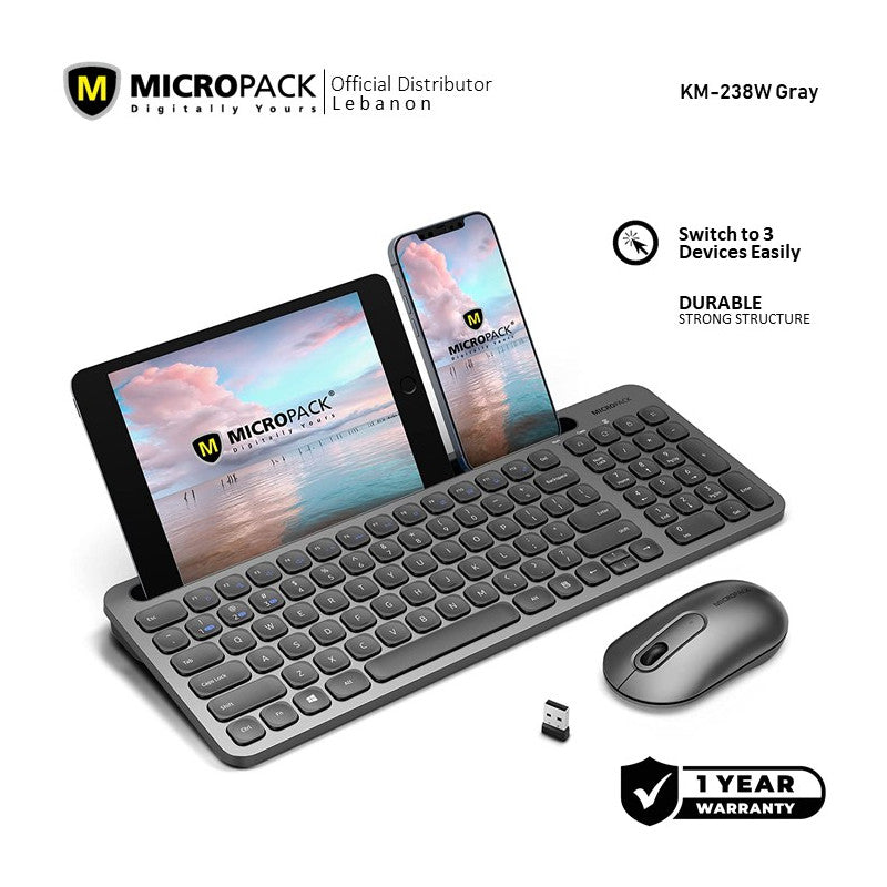 Micropack KM-238W Bluetooth and Wireless Combo Keyboard & Mouse, Can connect to 3 devices simultaneously Gray