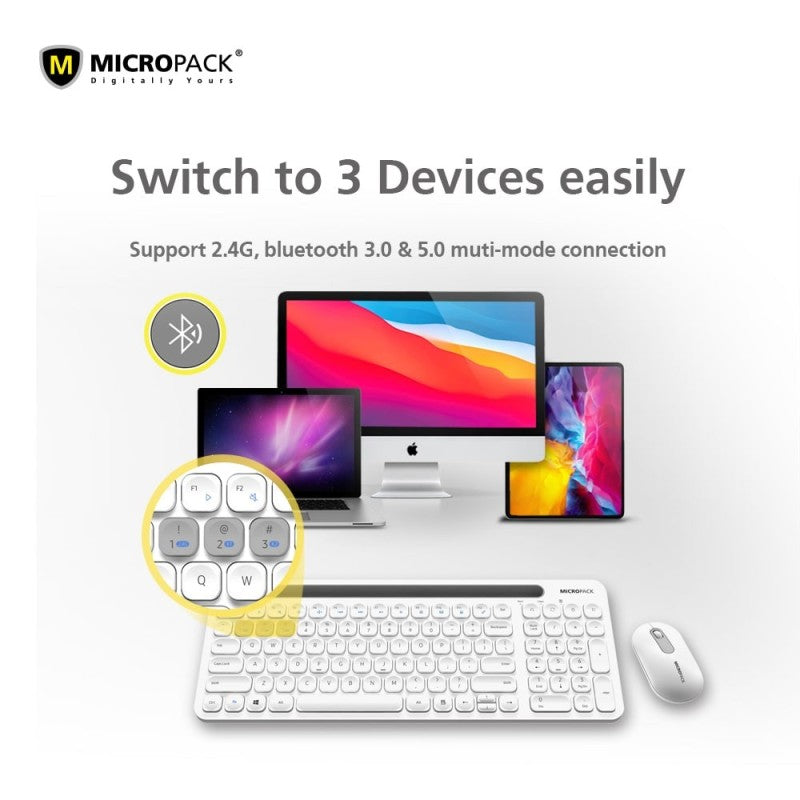 Micropack KM-238W Bluetooth and Wireless Combo Keyboard & Mouse, Can connect to 3 devices simultaneously Gray