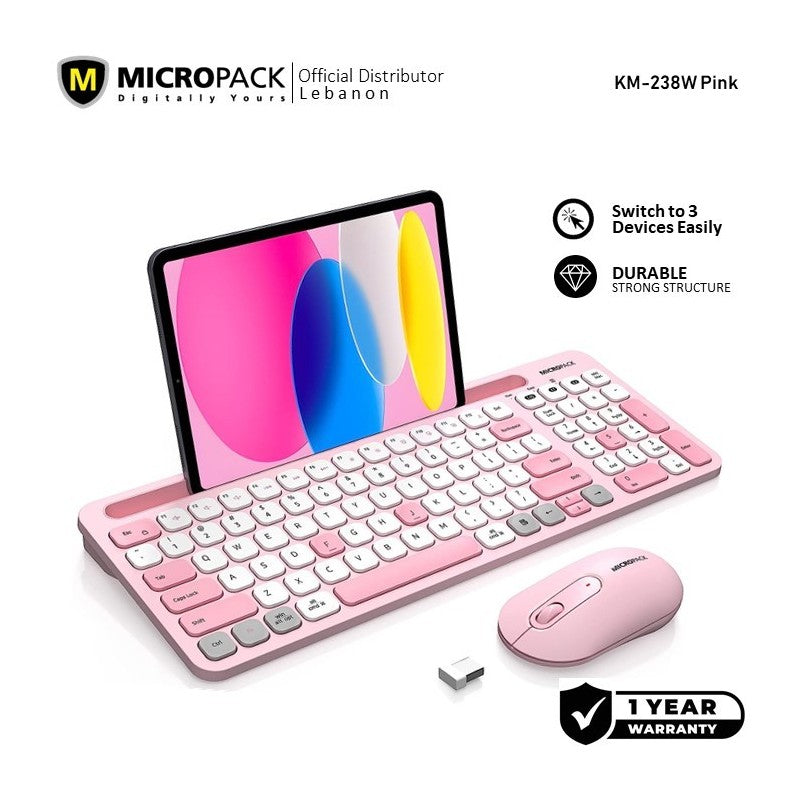 Micropack KM-238W Bluetooth and Wireless Combo Keyboard & Mouse, Can connect to 3 devices simultaneously Pink