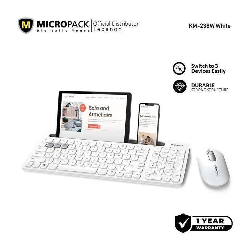 Micropack KM-238W Bluetooth and Wireless Combo Keyboard & Mouse, Can connect to 3 devices simultaneously White