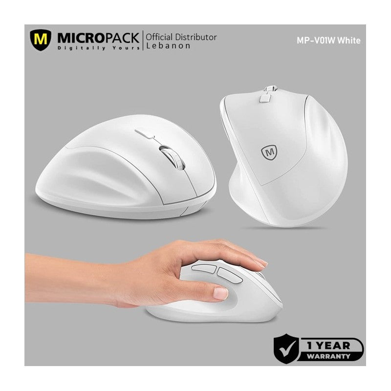 Micropack MP-V01W Silent, 1600Dpi, Ergonomic Wireless Mouse, Maximum Comfort Reduce palm fatigue when use for long time White