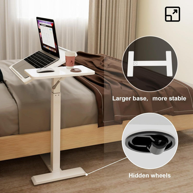 Premium Heavy-Duty Adjustable Overbed Table with Pneumatic Tilt Desktop, Mobile Laptop Desk with Hidden Wheels - SB61