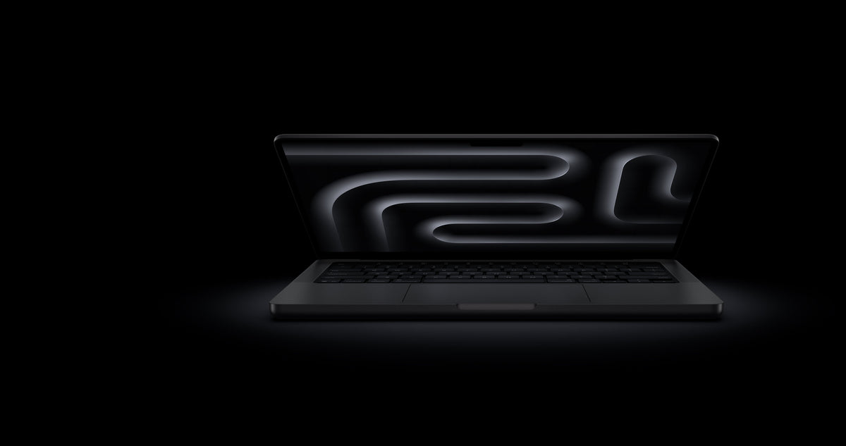 MacBook Pro M5 Pro Space Black, front open, elevated view