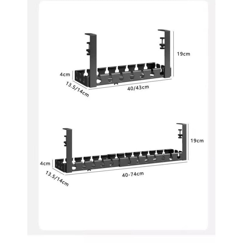 Retractable Under‑Desk Cable Management Tray, Adjustable 43 to 74×14×4 cm, Clamp‑Mount No‑Drill, Cable & Power Strip Organizer