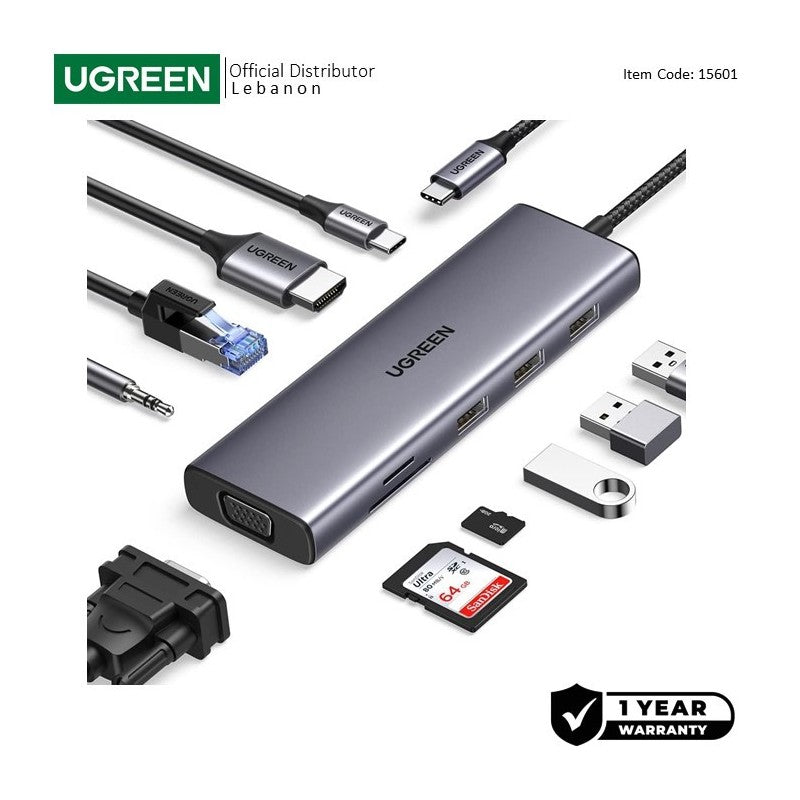UGREEN 10-in-1 USB-C HUB Docking Station 4k HDMI + 3xUSB + SD/TF + VGA + RJ45 + Aux + USB-C PD Port - CM498 15601