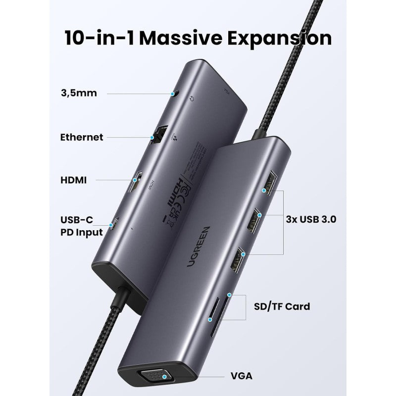 UGREEN 10-in-1 USB-C HUB Docking Station 4k HDMI + 3xUSB + SD/TF + VGA + RJ45 + Aux + USB-C PD Port - CM498 15601