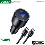 UGREEN 130W 3-Port Ultra-Fast Car Charger – Premium Build + 100W Cable for MacBook, Laptops, Tablets & Phones - EC705 55511