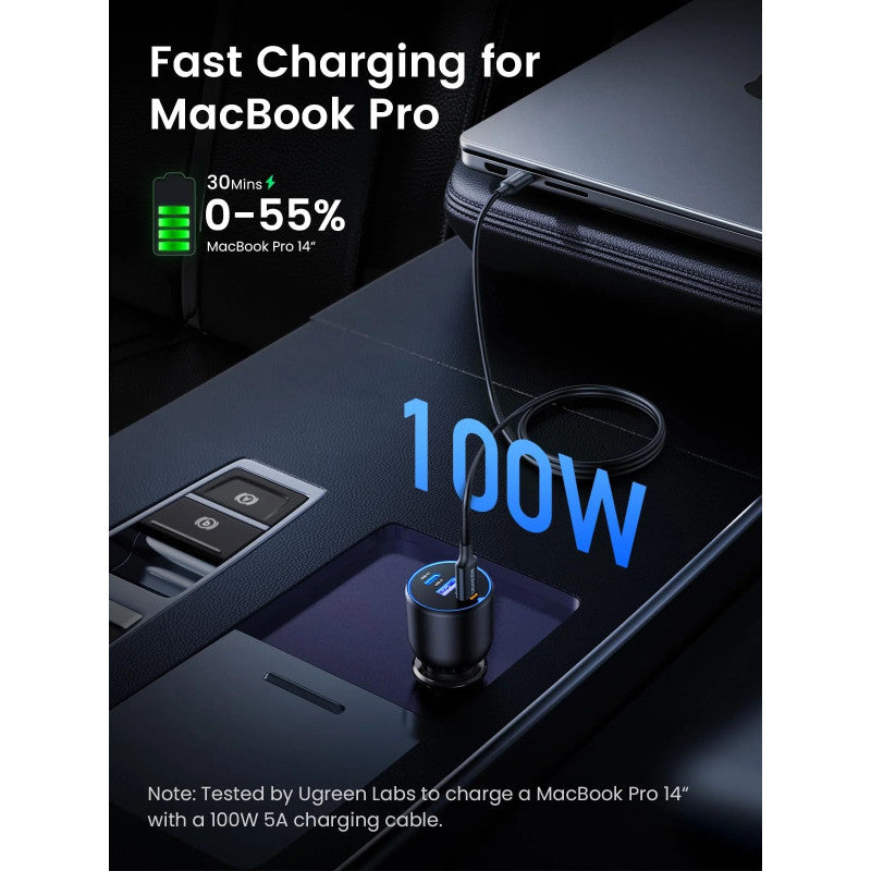 UGREEN 130W 3-Port Ultra-Fast Car Charger – Premium Build + 100W Cable for MacBook, Laptops, Tablets & Phones - EC705 55511