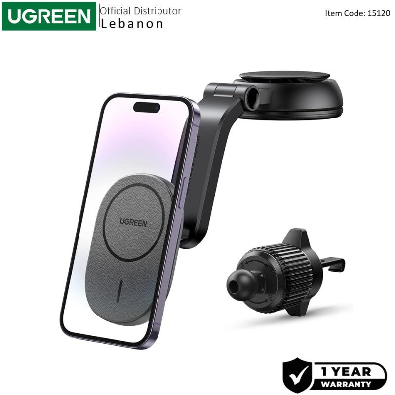 UGREEN 2-in-1 Magnetic Wireless Car Charger – 15W Fast Charging, Dashboard & Air Vent Mount - CD345 15120