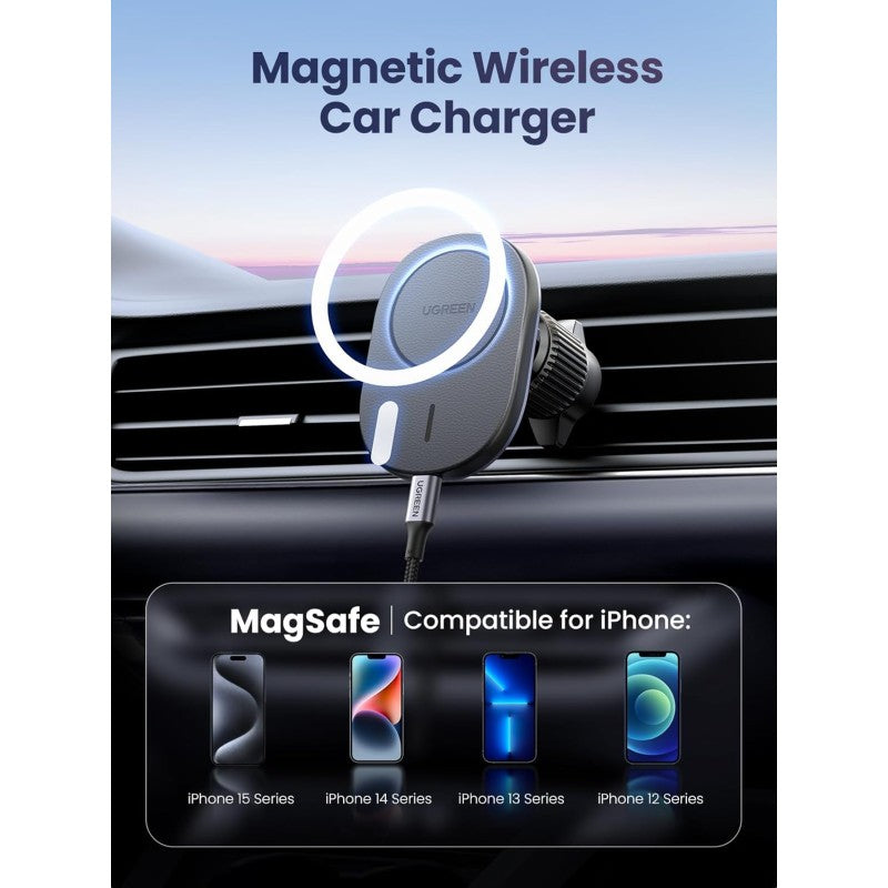 UGREEN 2-in-1 Magnetic Wireless Car Charger – 15W Fast Charging, Dashboard & Air Vent Mount - CD345 15120