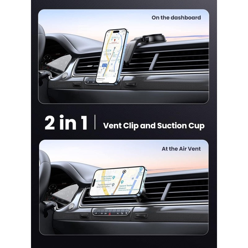 UGREEN 2-in-1 Magnetic Wireless Car Charger – 15W Fast Charging, Dashboard & Air Vent Mount - CD345 15120