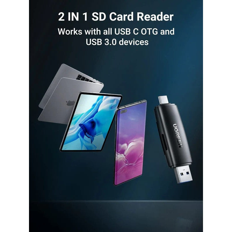 UGREEN 2-in-1 USB 3.0 & USB-C SD Card Reader – High-Speed Dual Card Transfer, Compact - CM304 80191
