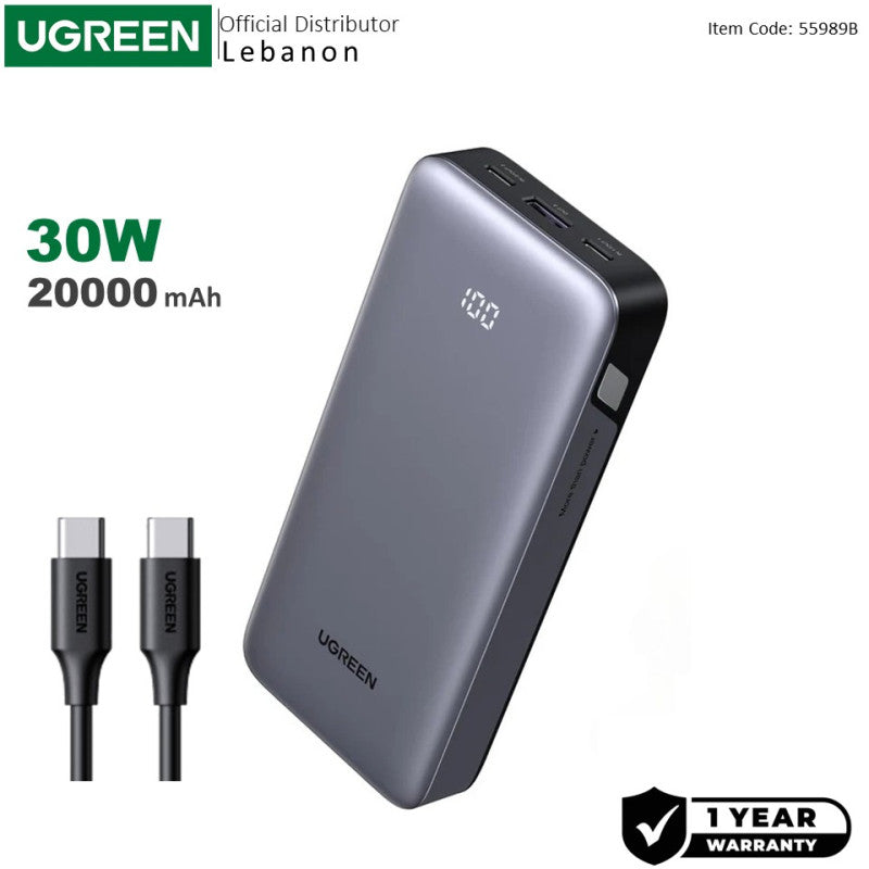 UGREEN 20000mAh 30W Power Bank, Dual Ports, LED Display, Trickle Charging & Multi-Protection Safety - PB532 55989B