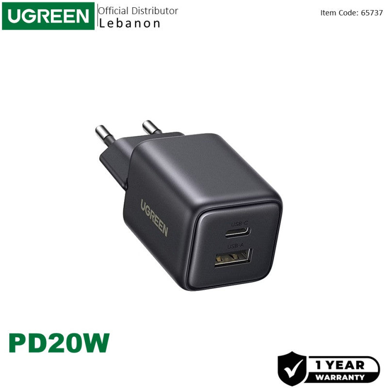 UGREEN 20W GAN Dual-Port USB-A + USB-C Smart & Fast Charger for Phones, Tablets & Ipads - X514 65737