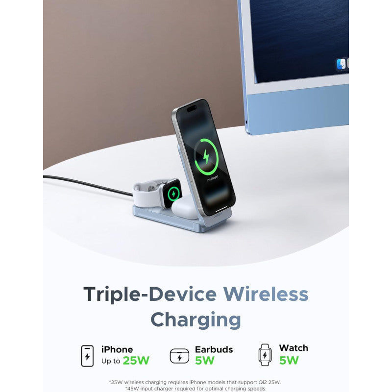UGREEN 25W Qi2 Magflow 3in1 Wireless Charger, Fast Charging for iPhones & Apple Watch, Ultra-Compact Travel Station - W757 65901