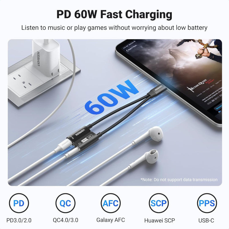 UGREEN 2in1 USB C to 3.5mm Headphone & USB-C Charging Port for iPhones, Switch 2, Samsung Galaxy, iPad Pro/Air - CM721 25837