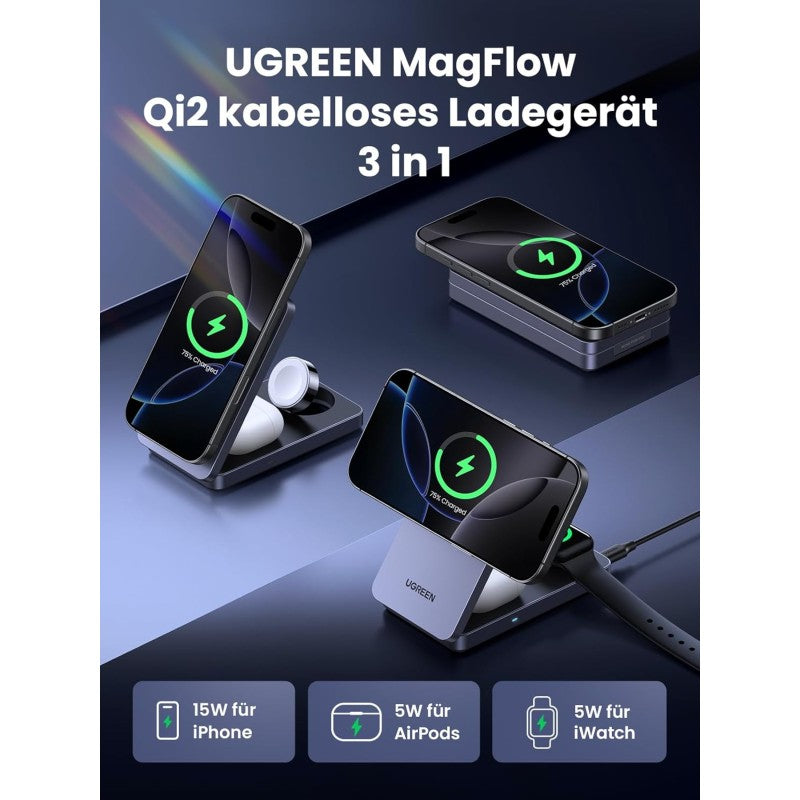 UGREEN 3 in 1 25W Qi2 Magnetic Wireless Charger for iPhone, AirPods & Apple Watch, Wall Charger Included - W707 45025