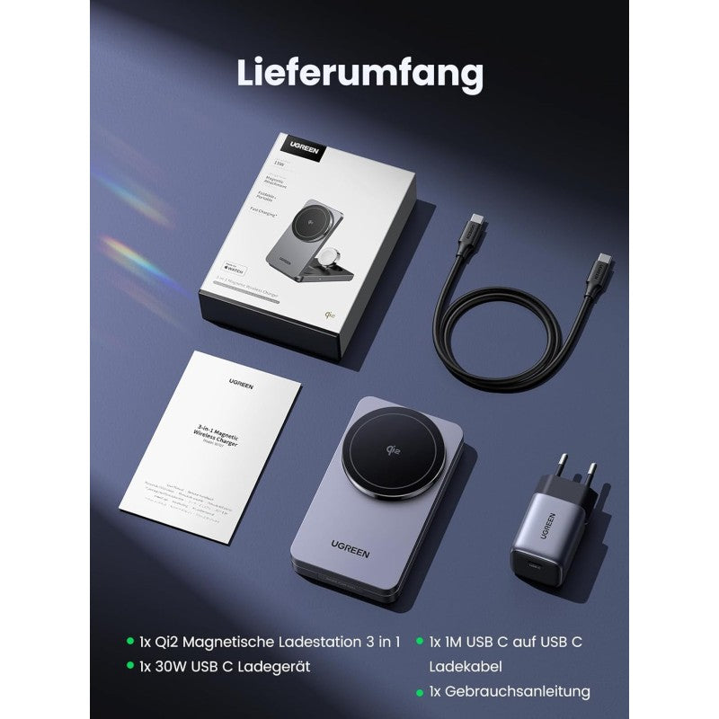 UGREEN 3 in 1 25W Qi2 Magnetic Wireless Charger for iPhone, AirPods & Apple Watch, Wall Charger Included - W707 45025