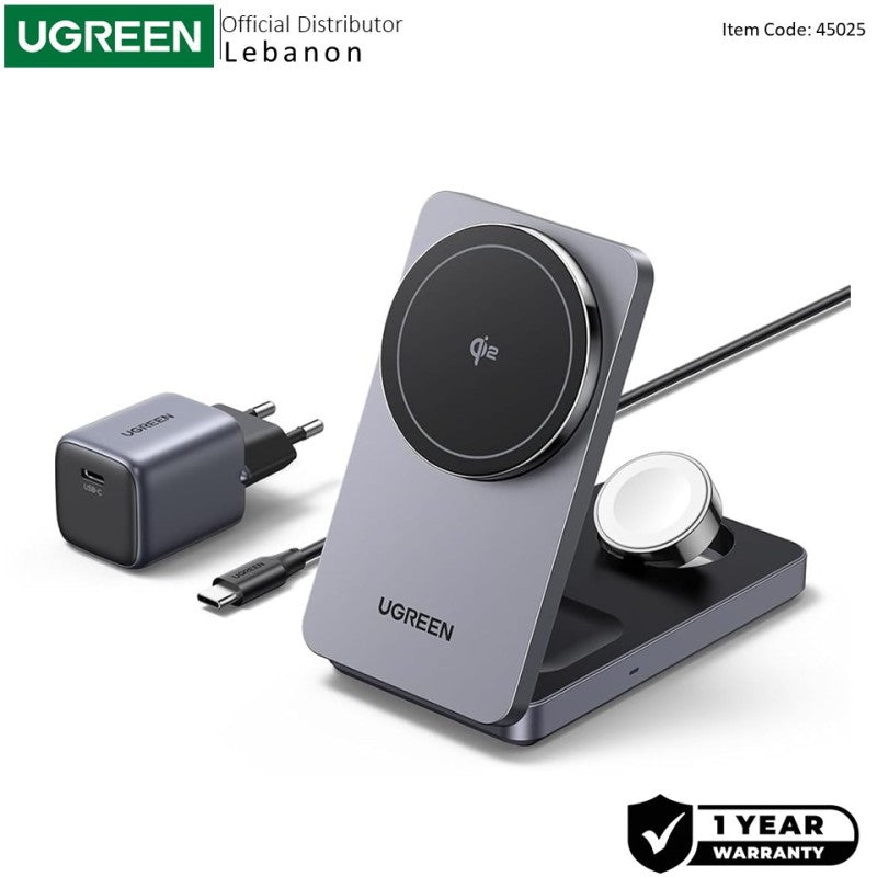 UGREEN 3 in 1 25W Qi2 Magnetic Wireless Charger for iPhone, AirPods & Apple Watch, Wall Charger Included - W707 45025