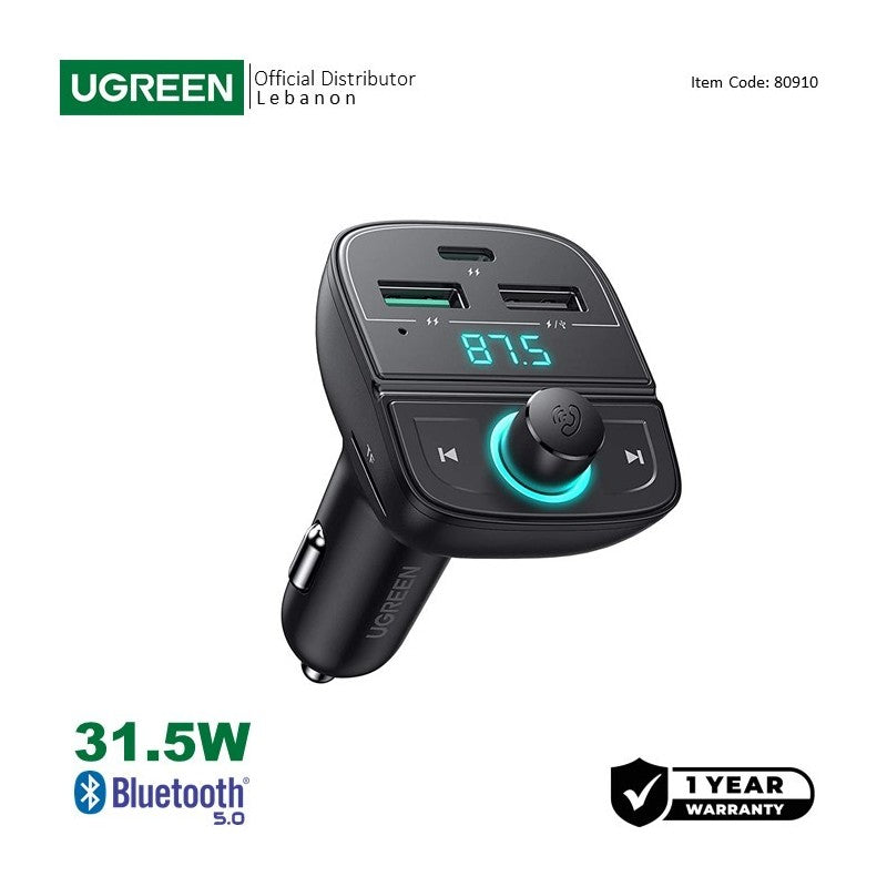 UGREEN 31.5W PD Fast Car Charger with FM & Bluetooth Transmitter + USB MP3 & TF Slot Reader - CD229 80910