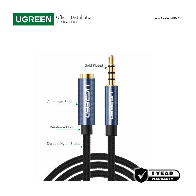 UGREEN 3.5mm Male to Female Extension Audio Cable, 1.5M Braided Cable - AV118 40674