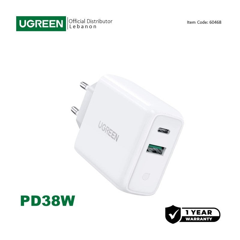 UGREEN 38W Dual-Port USB-A + USB-C Smart & Fast Charger for Phones, Tablets & Ipads - CD170 60468