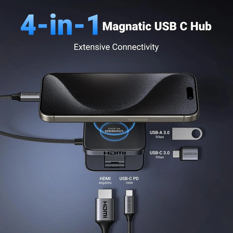 UGREEN 4-in-1 USB-C Hub – 4K@60Hz HDMI, 100W PD, Foldable Stand - CM801 35590