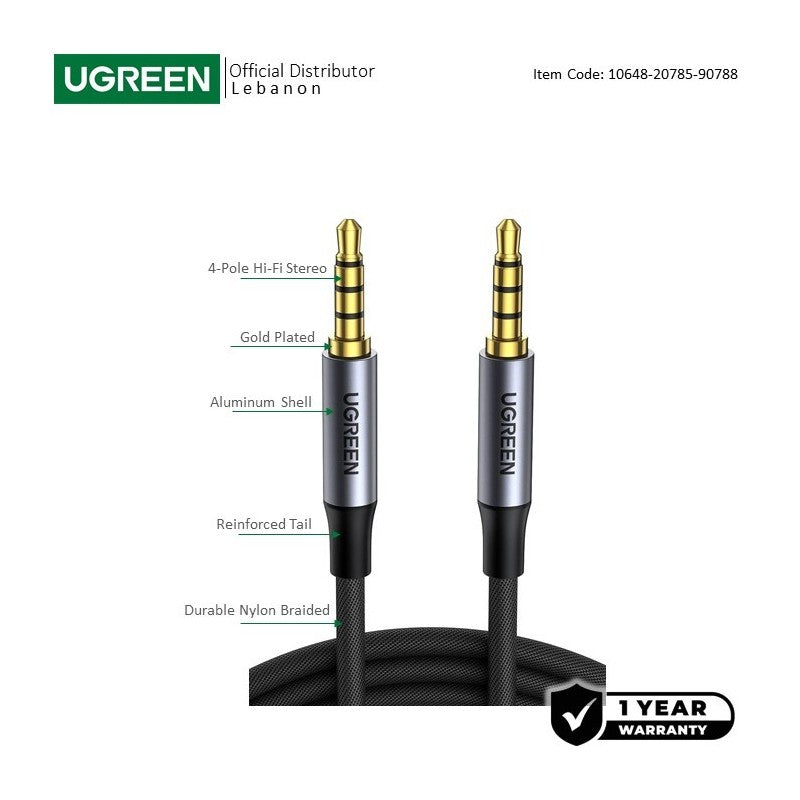 UGREEN 4-Pole HIFI AUX Cable, 3.5mm Male to Male, Mic Support, Available in 1M, 3M, 5M - AV183 10648 20785 90788