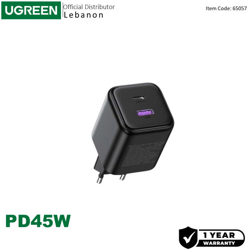 UGREEN 45W Dual-Port USB-A + USB-C Smart & Fast Charger for Phones, Tablets & Ipads - X525 65057