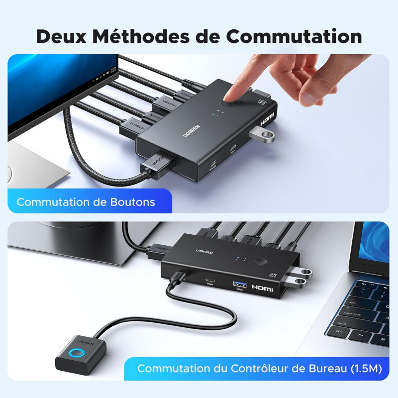 UGREEN 4K 2Ports HDMI KVM Switch Box, Control 2 PC’s Sharing Single Monitor and 4 ports - AK502 45452