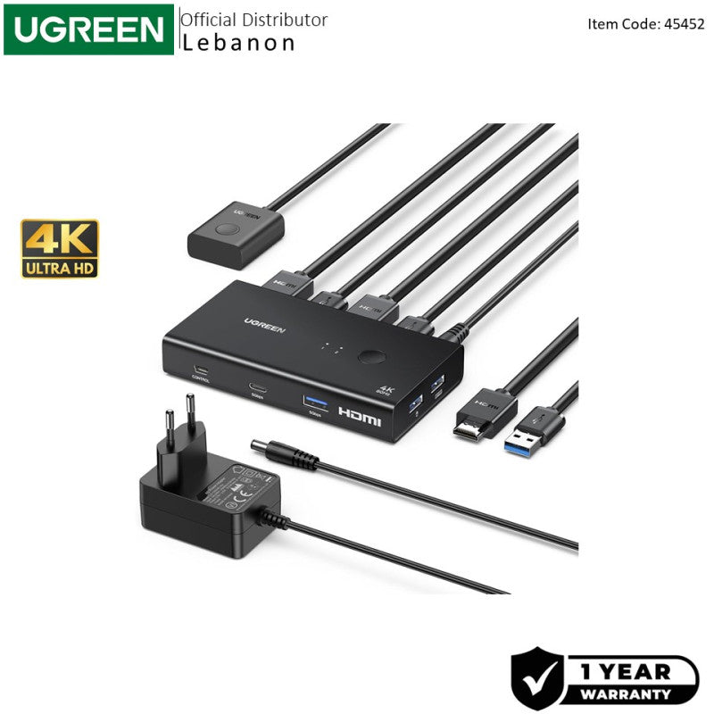 UGREEN 4K 2Ports HDMI KVM Switch Box, Control 2 PC’s Sharing Single Monitor and 4 ports - AK502 45452