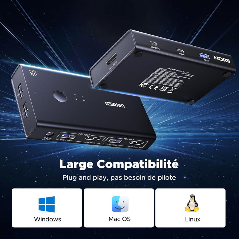 UGREEN 4K 2Ports HDMI KVM Switch Box, Control 2 PC’s Sharing Single Monitor and 4 ports - AK502 45452