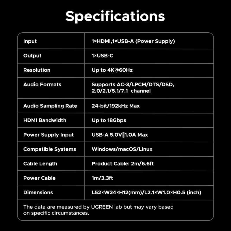 UGREEN 4K@60Hz Active HDMI to USB C Adapter Cable 2M with USB Power Unidirectional HDMI to Thunderbolt - CM773 35984A