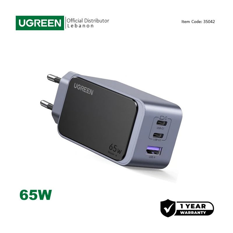 UGREEN 65W GaN Tech Chip, Triple Port Charger for Phones, Tablets, Ipads, Laptops & MacBooks - X553 35042