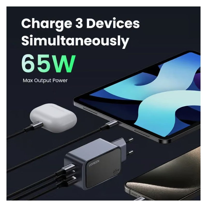 UGREEN 65W GaN Tech Chip, Triple Port Charger for Phones, Tablets, Ipads, Laptops & MacBooks - X553 35042