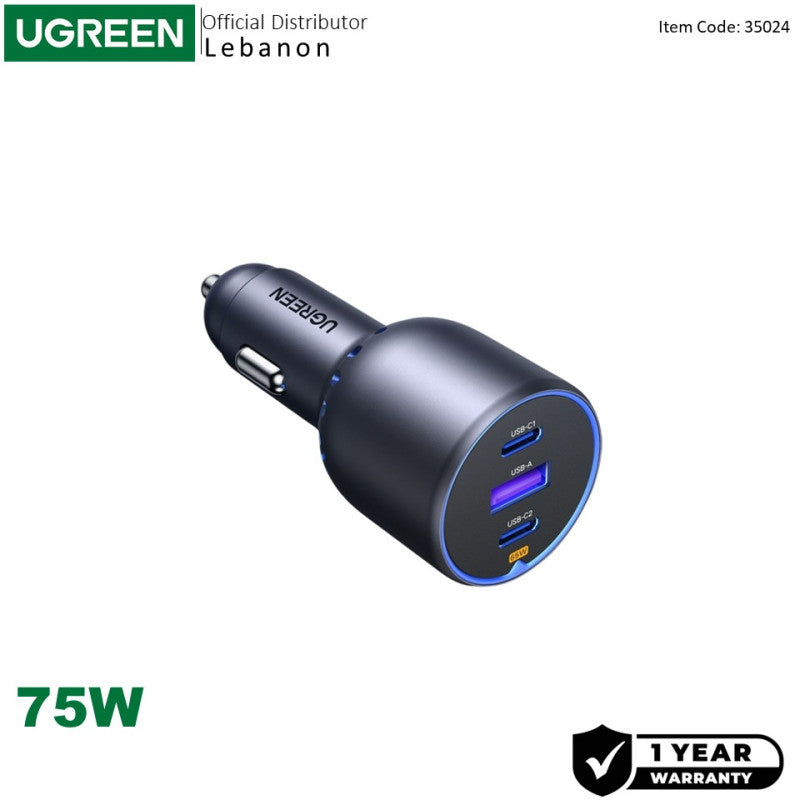 UGREEN 75W 3 Ports Fast Car Charger, for Phones, Tablets, Ipads, Laptops & MacBooks - EC703 35024