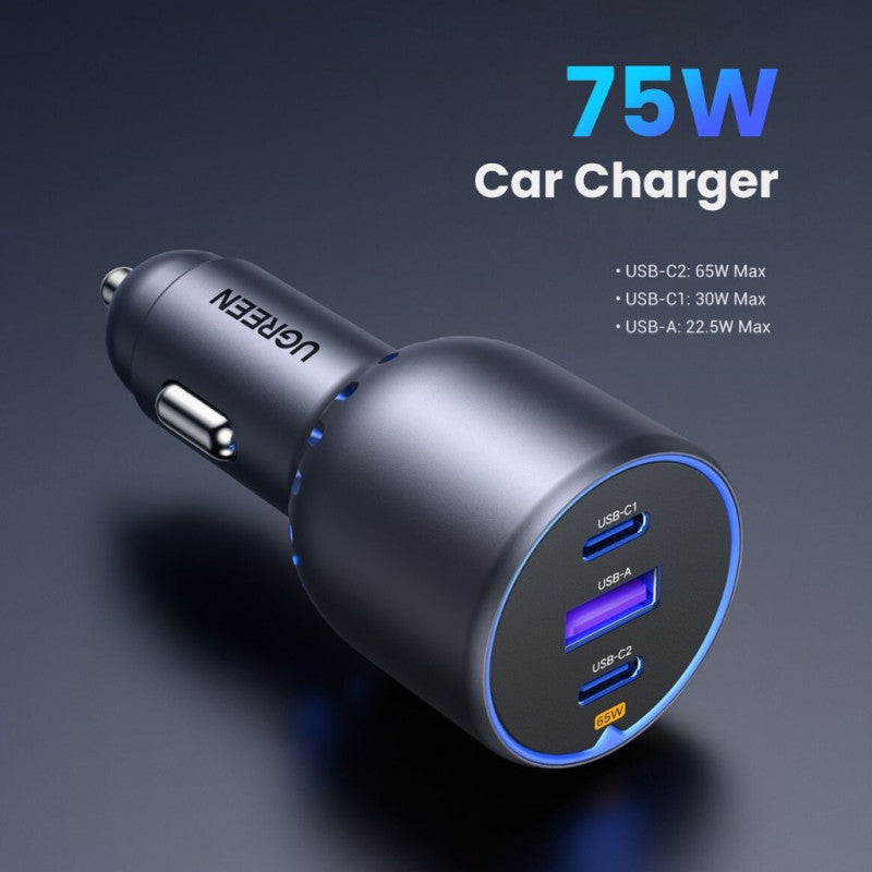 UGREEN 75W 3 Ports Fast Car Charger, for Phones, Tablets, Ipads, Laptops & MacBooks - EC703 35024