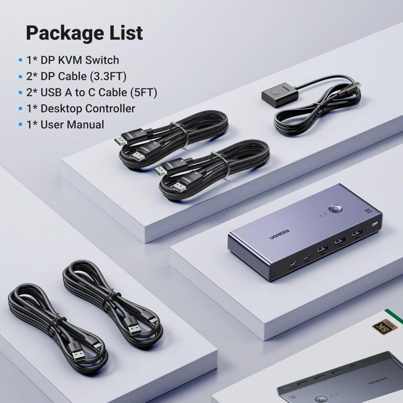 UGREEN 8K 2Ports DISPLAY PORT KVM Switch Box, Control 2 PC’s Sharing Single Monitor and 3 USB-A + 1 USB-C Ports - CM695 25962