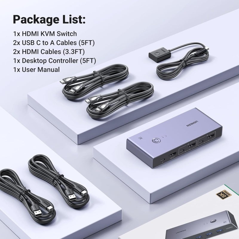 UGREEN 8K 2Ports HDMI KVM Switch Box, Control 2 PC’s Sharing Single Monitor and 3 USB-A + 1 USB-C Ports - CM692 25961