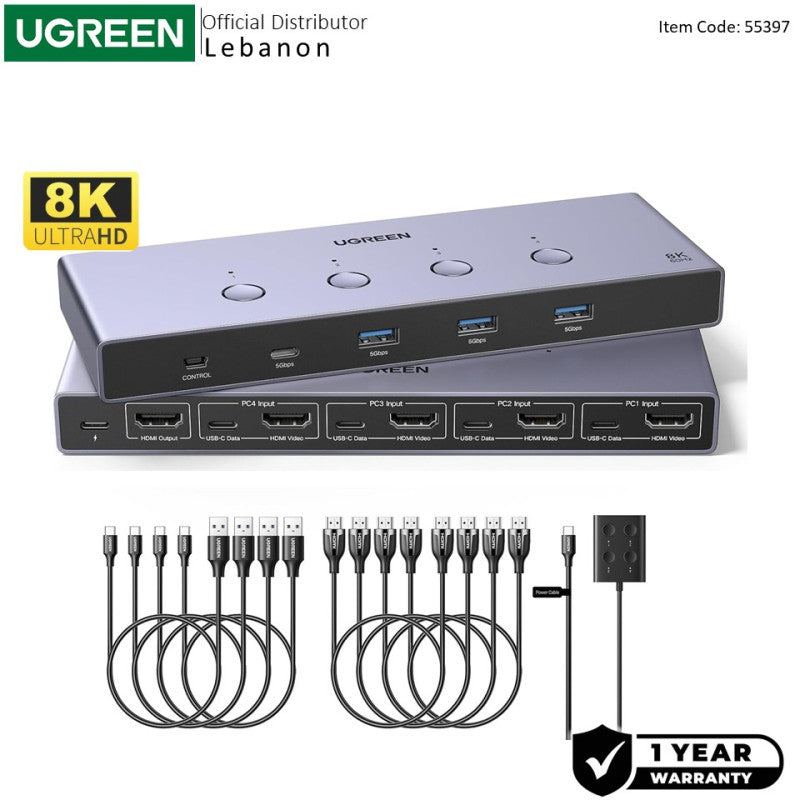 UGREEN 8K 4Ports HDMI KVM Switch Box, Control 4 PC’s Sharing Single Monitor & 3 USB-A 3.0 Port + 1 port USB-C DATA - AK701 55397