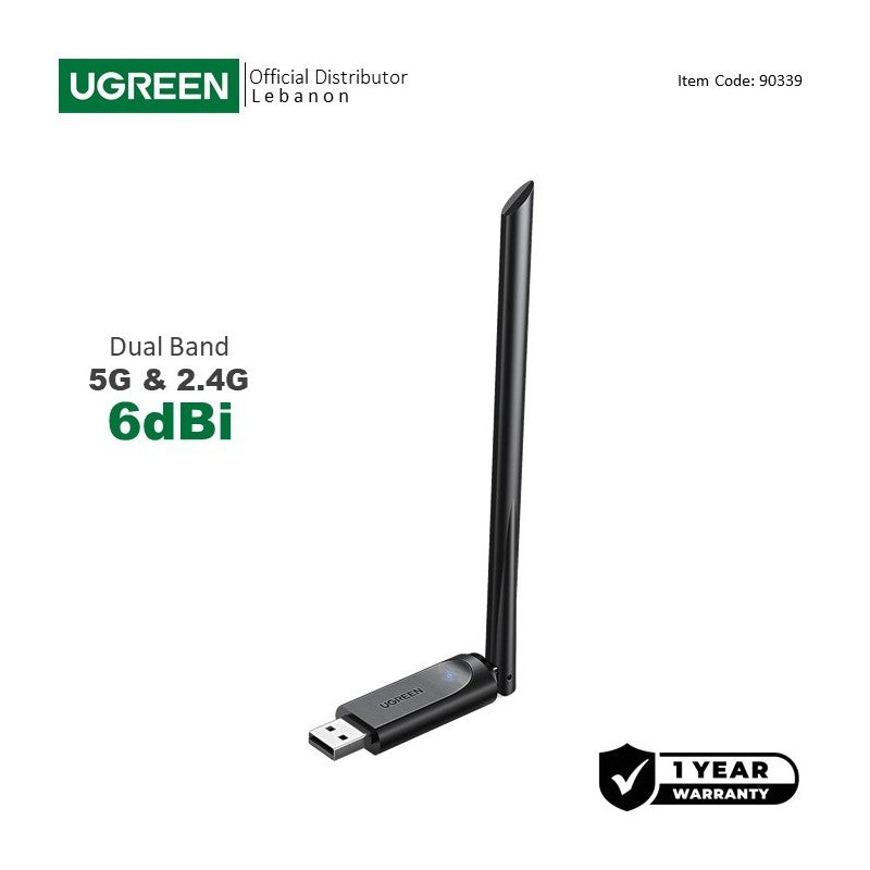 UGREEN AC650 High-Gain Dual Band 2.4GHz&5GHz Wireless USB Adapter, 6dBi High Gain Antenna - CM496 90339