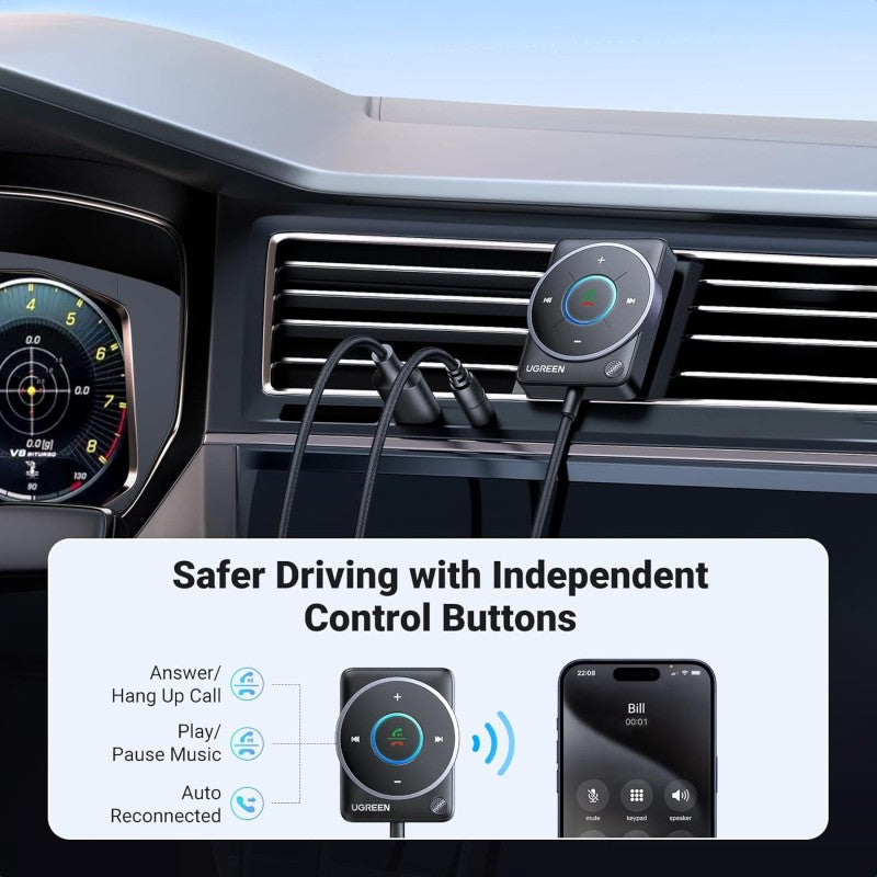 UGREEN Bluetooth 5.4 Car Aux Adapter – Noise-Cancelling, Stable Connection, and Dual Device Support - CM723 35002