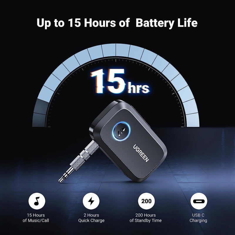 UGREEN Car & Home Bluetooth 5.3 Receiver Audio Adapter, Built-In Microphone, Built-in Battery up to 15 Hours - CM596 90748