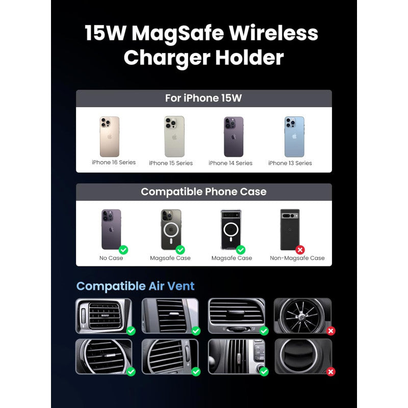 UGREEN Elite 15W Fast Wireless Car Charger, Qi2 Strong Magnetic Mount with LED Light for iPhone - W708 35970