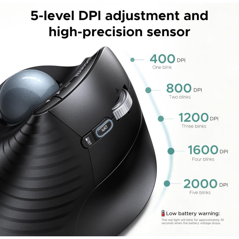UGREEN Ergonomic Wireless Trackball Mouse, BT & 2.4G, 2000 DPI, Multi-Device Pairing, USB-C Rechargeable - M785DR 85892