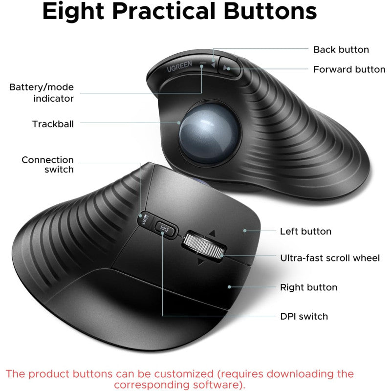 UGREEN Ergonomic Wireless Trackball Mouse, BT & 2.4G, 2000 DPI, Multi-Device Pairing, USB-C Rechargeable - M785DR 85892