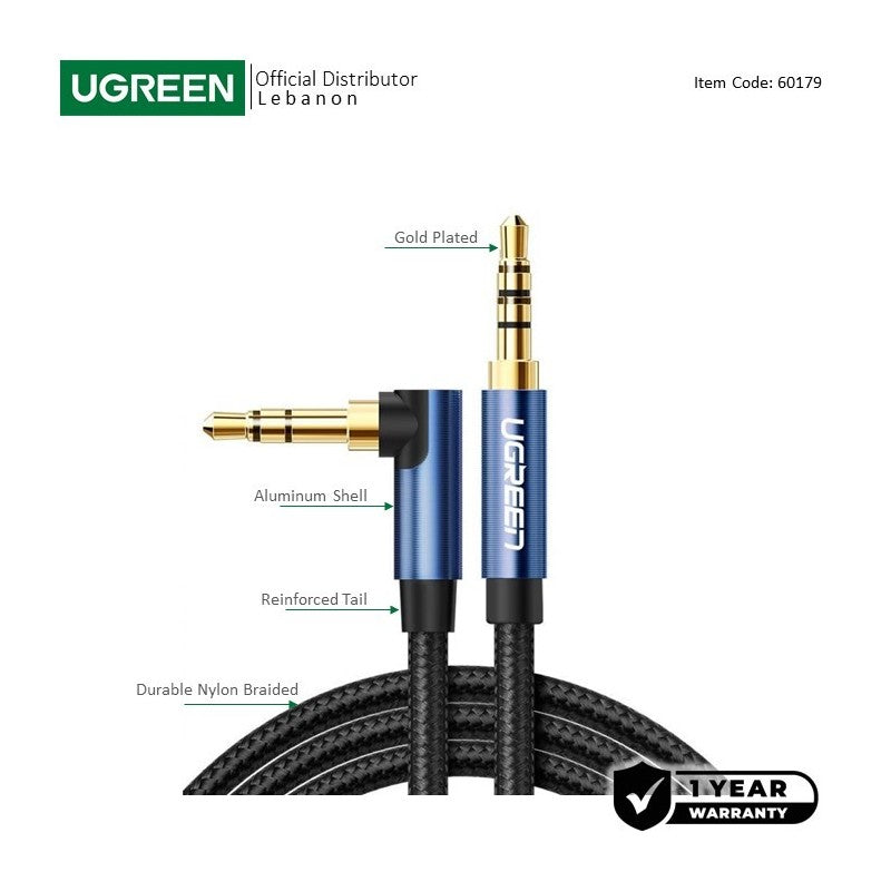 UGREEN HIFI AUX Cable, 3.5mm Male to Male Braided Cable, Gold Plated, 1M - AV112 60179