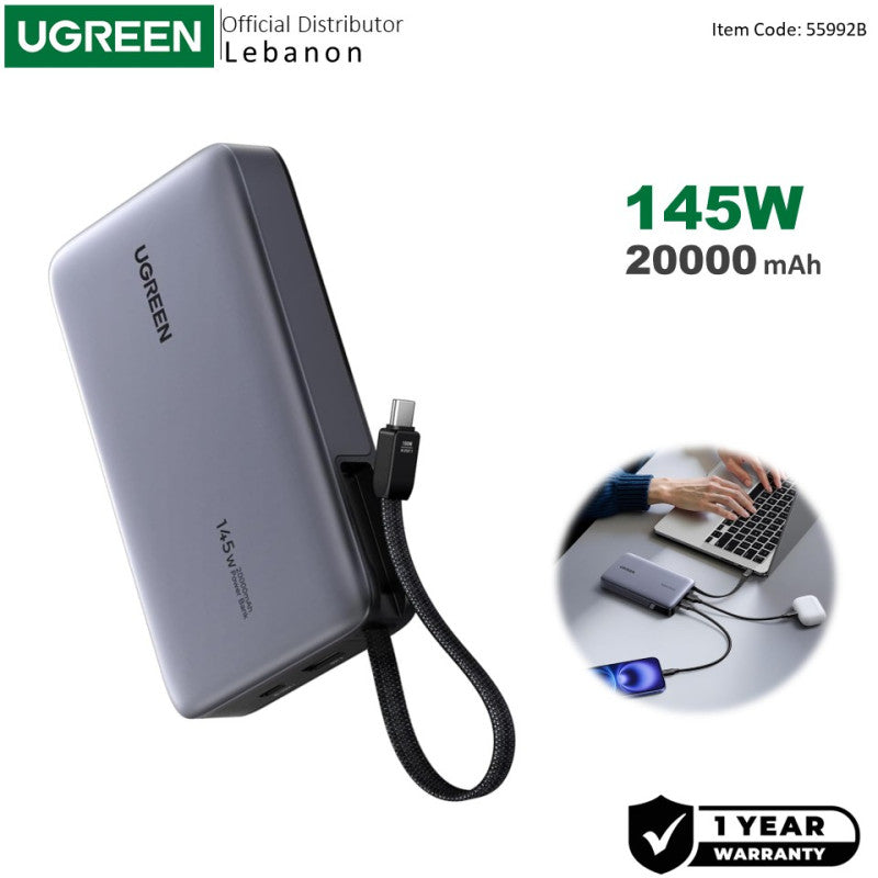 UGREEN Power Bank 145W, 3 Ports, 20000 mAh, Fast Charging for Laptops, MacBooks, Smartphones, Tablets - PB551 55992B