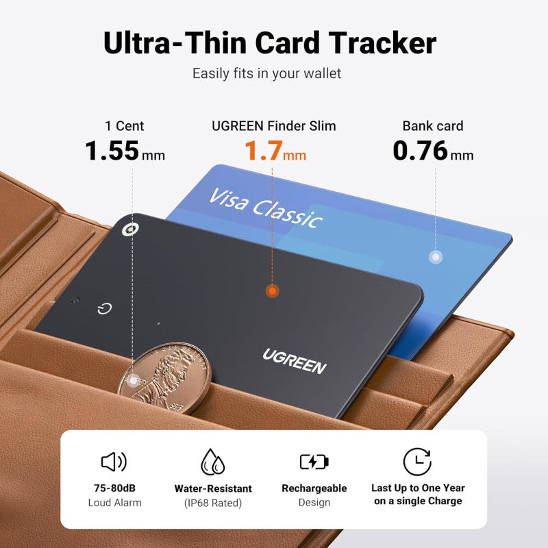 UGREEN Ultra-Slim Bluetooth Tracker for Wallets & Keys - Apple Find My Certified, Waterproof & Rechargeable - CM817 45298